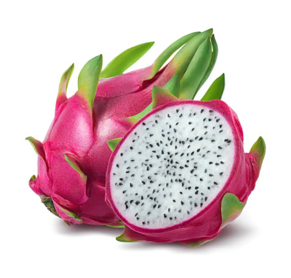 An image of Red dragon fruit unpeeled and peeled,  against a white background