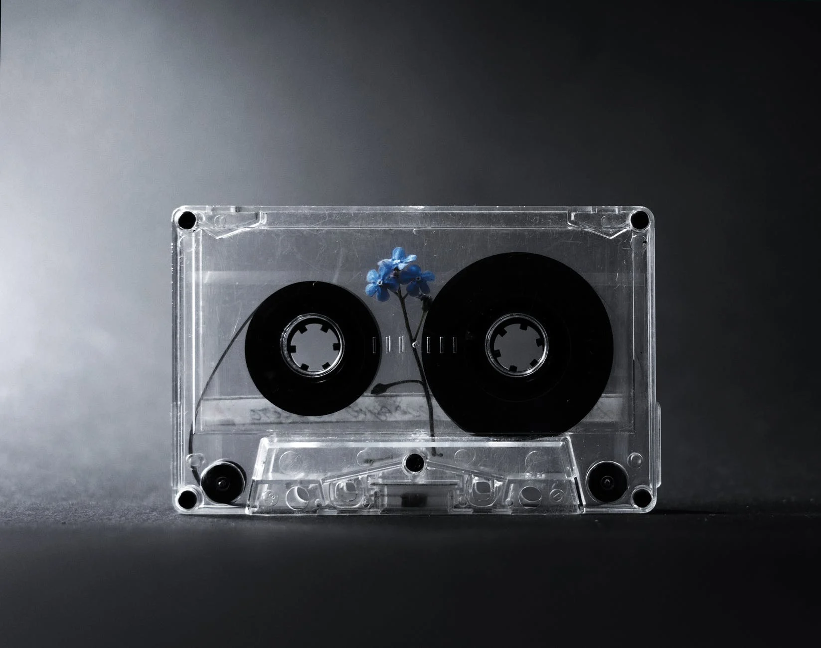 A clear cassette with a flower inside