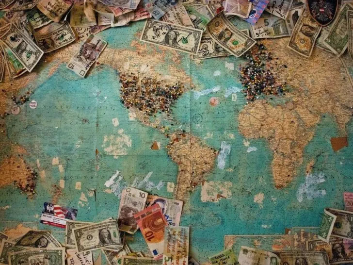Different currencies on a world map