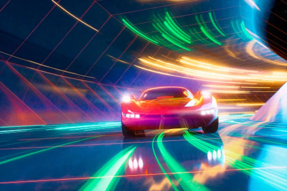 A 3-D visualization of a car with colorful graphics