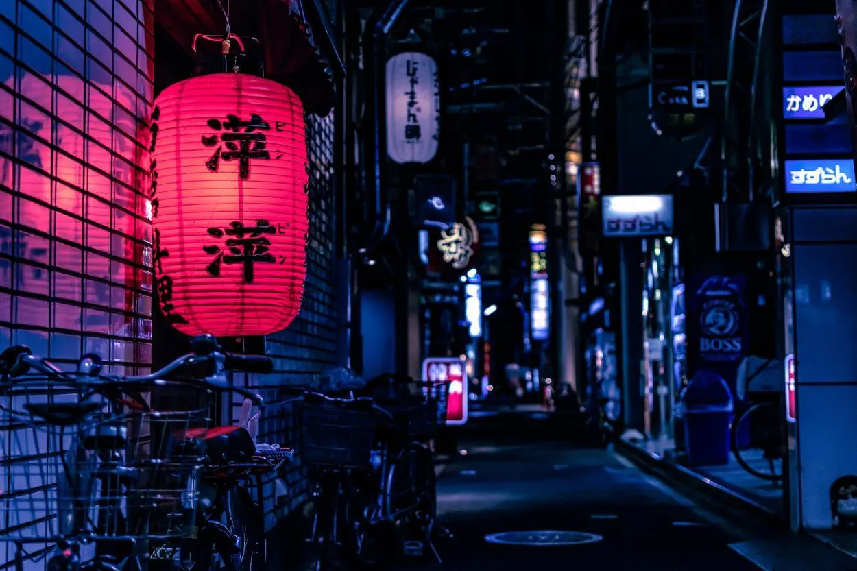 A street in Japan at night. 