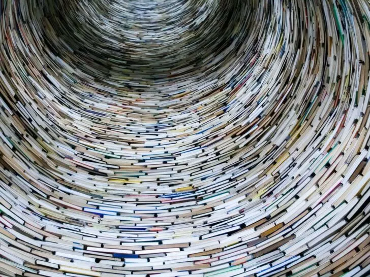 A web of books interconnected.