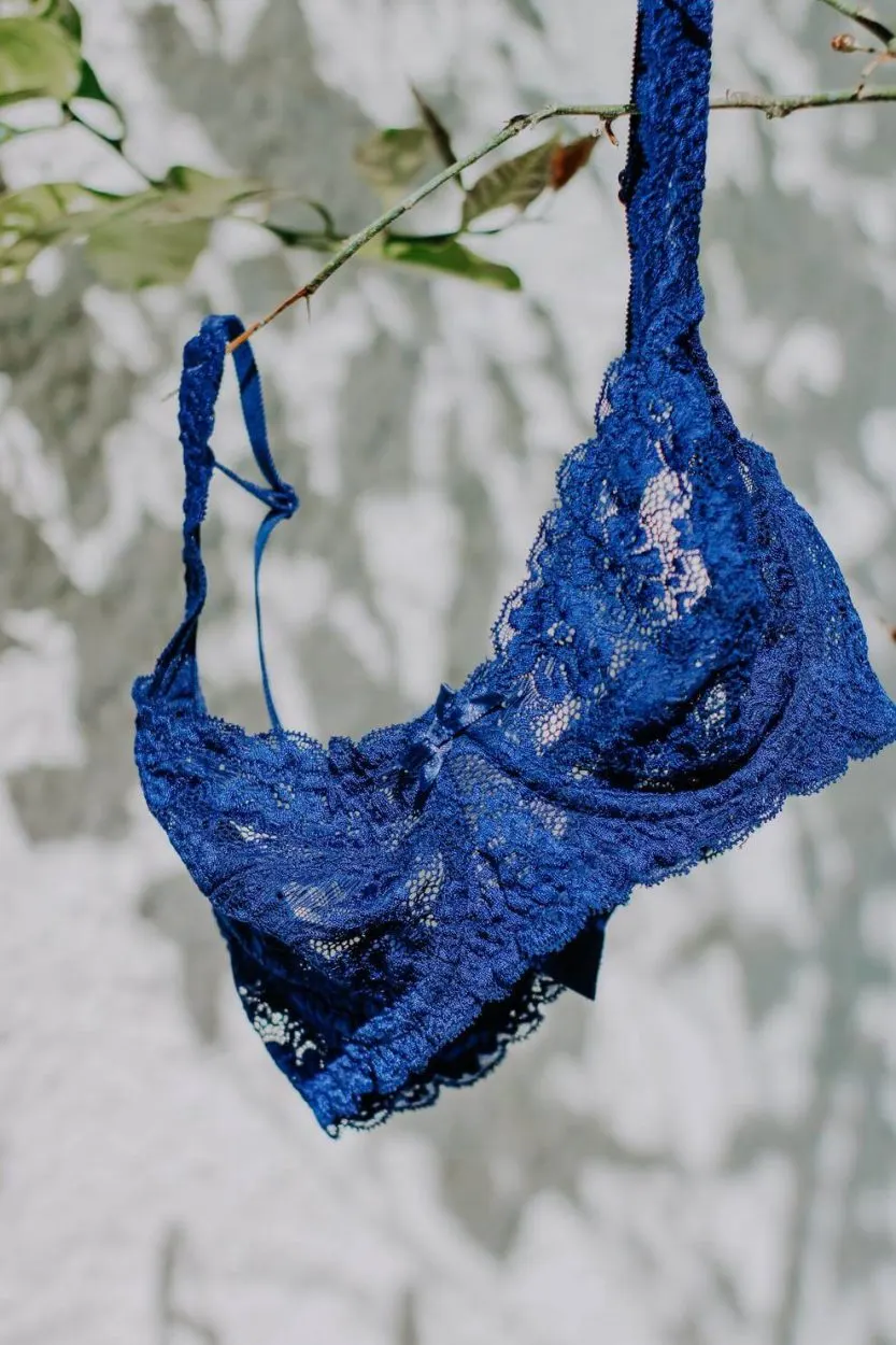 A blue colored bra shown in the picture