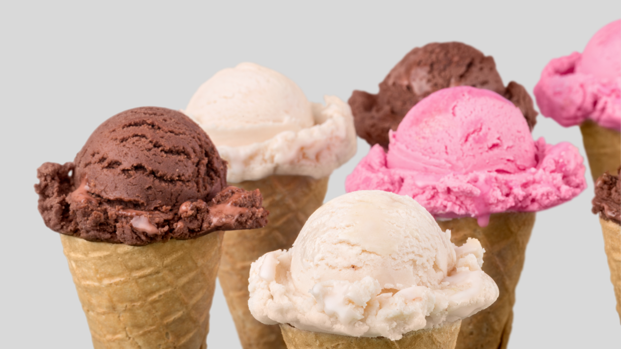 Different types of ice cream on a cone