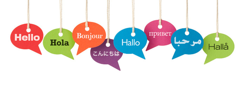 An image showing speech bubbles of Hello in eight different languages.