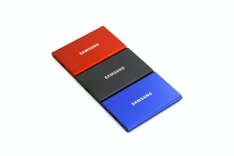An image showing several Samsung hard disks rested against a white background