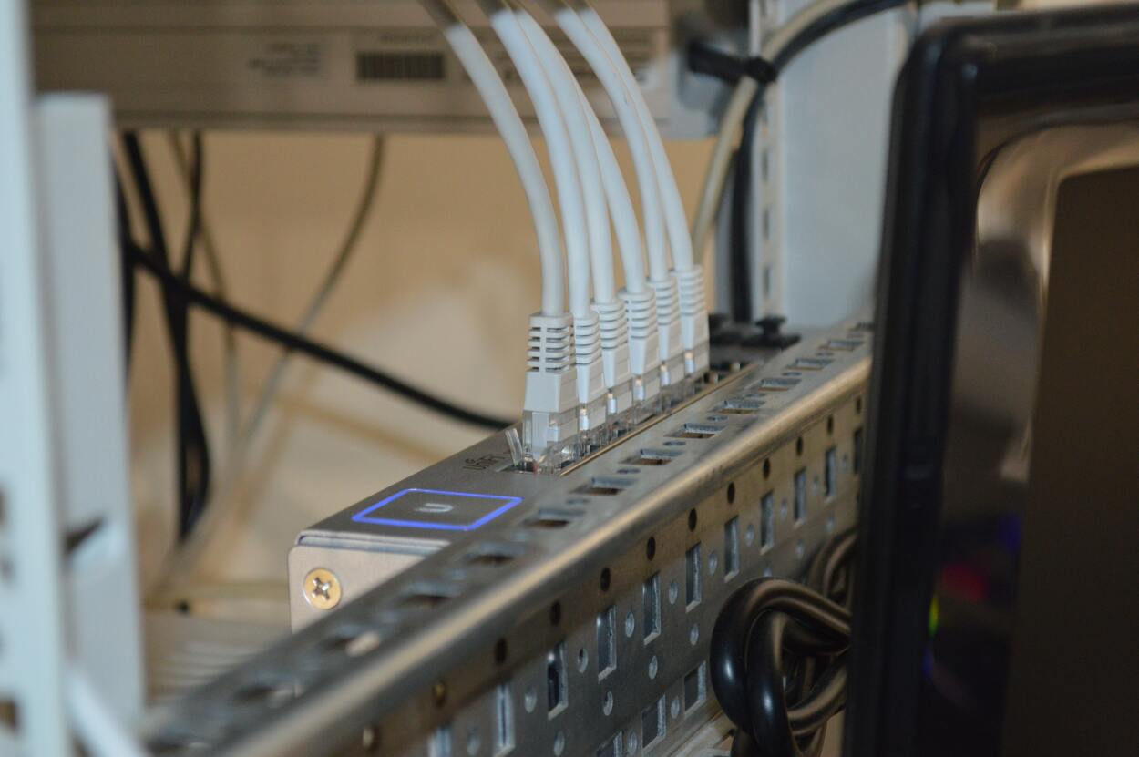 Lan cables plugged to a server.