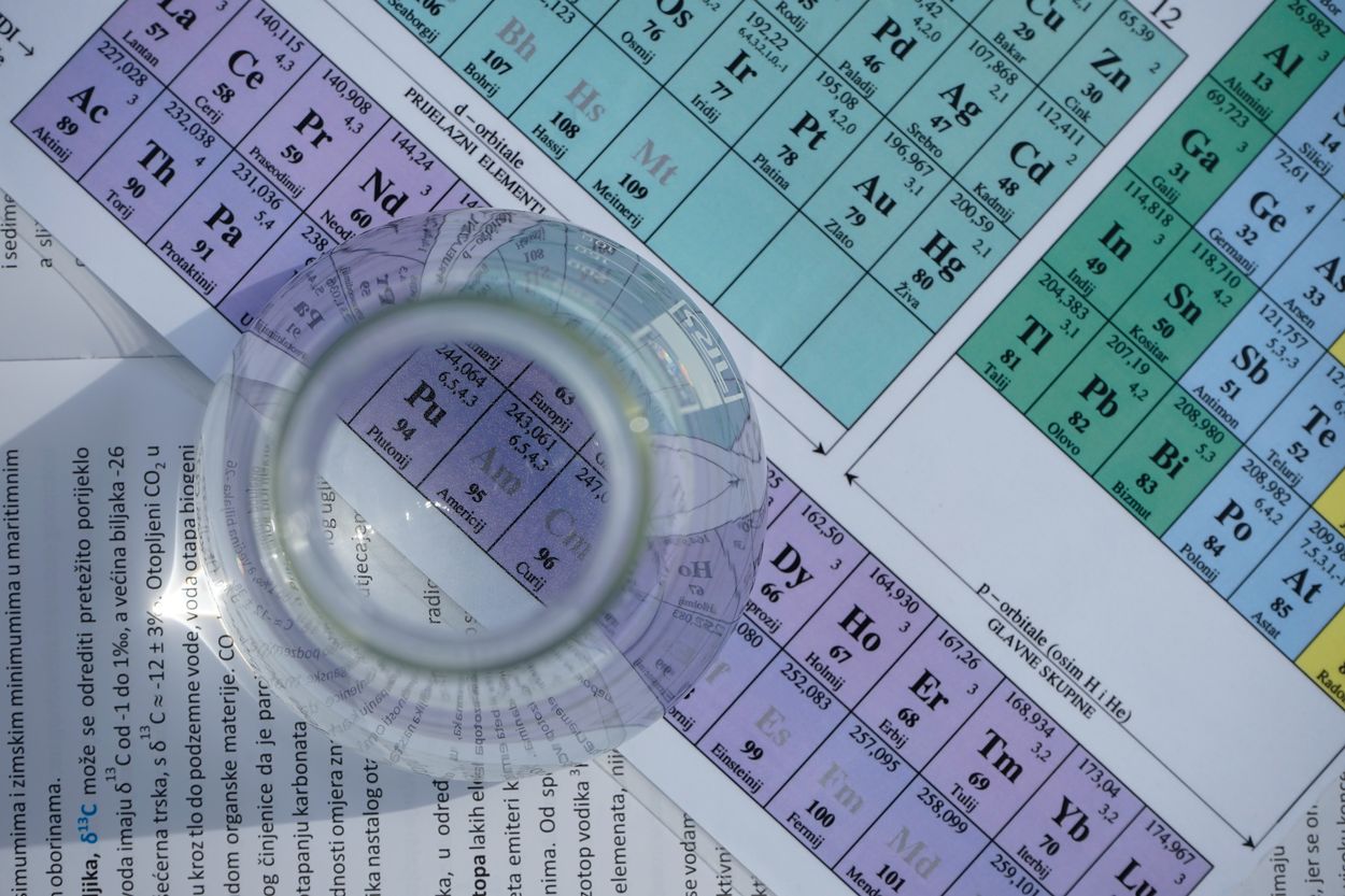 a glass container on top of a periodic table