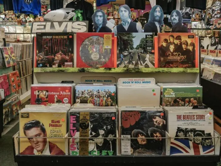 CDs of rock legends and rock bands: The Beatles, Elvis Presley.