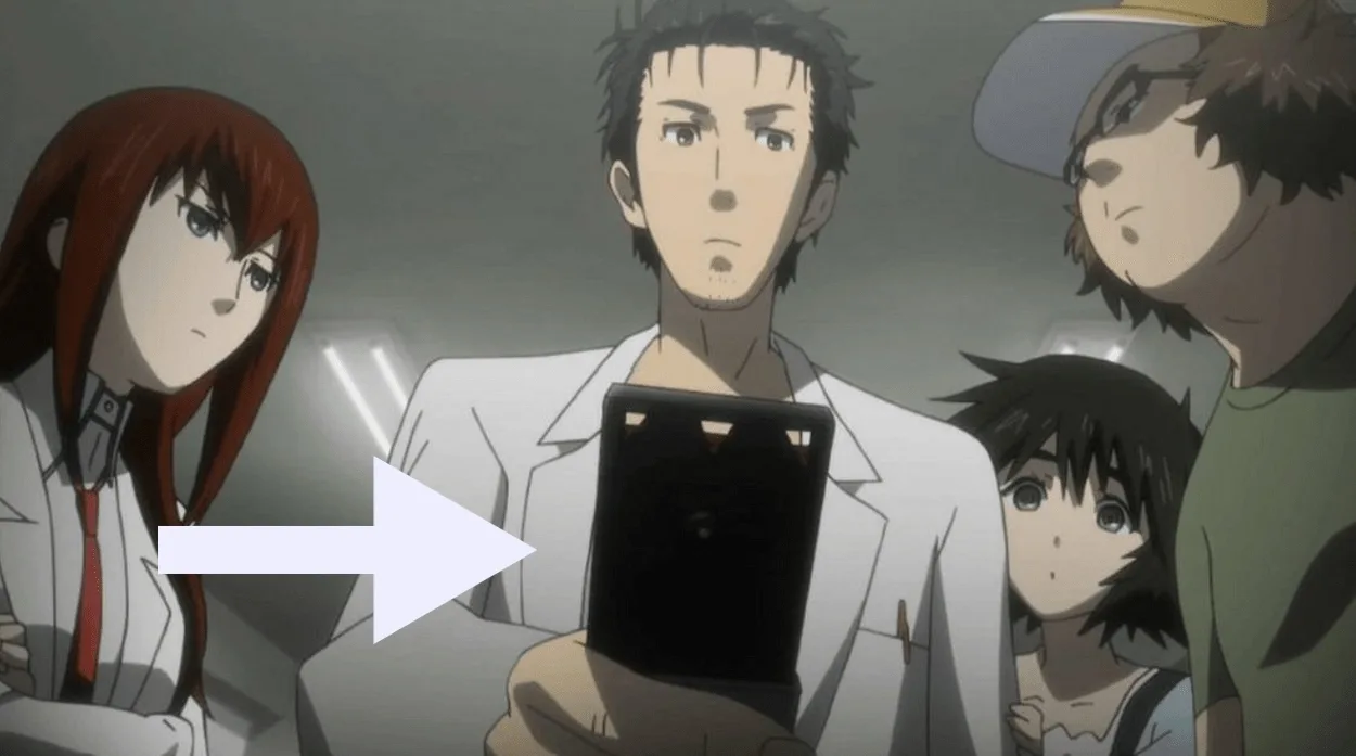 The characters of Steins Gate looking at a phone