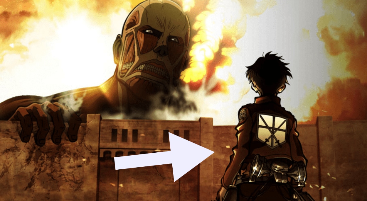 The Colossal titan overlooking Eren over the wall