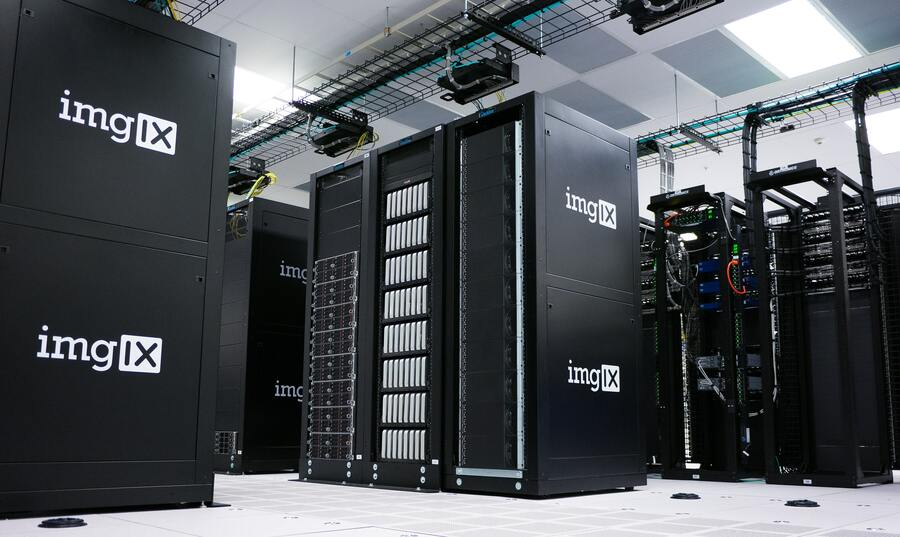 A big server room with a lot of servers connected with network