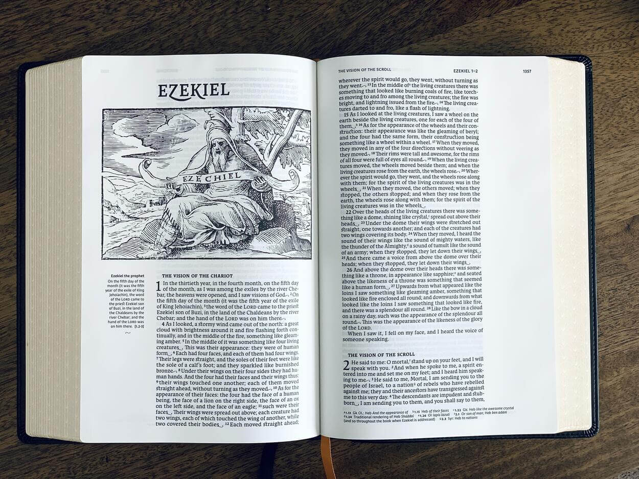 An image of an open book from Holy scriptures giving you information about Ezekiel.