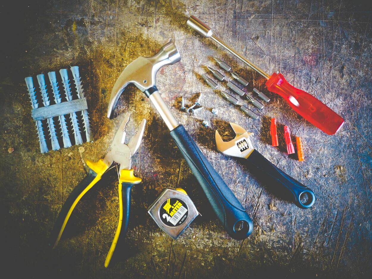 Hardware tools including hammer, pliers, wrench and many more.