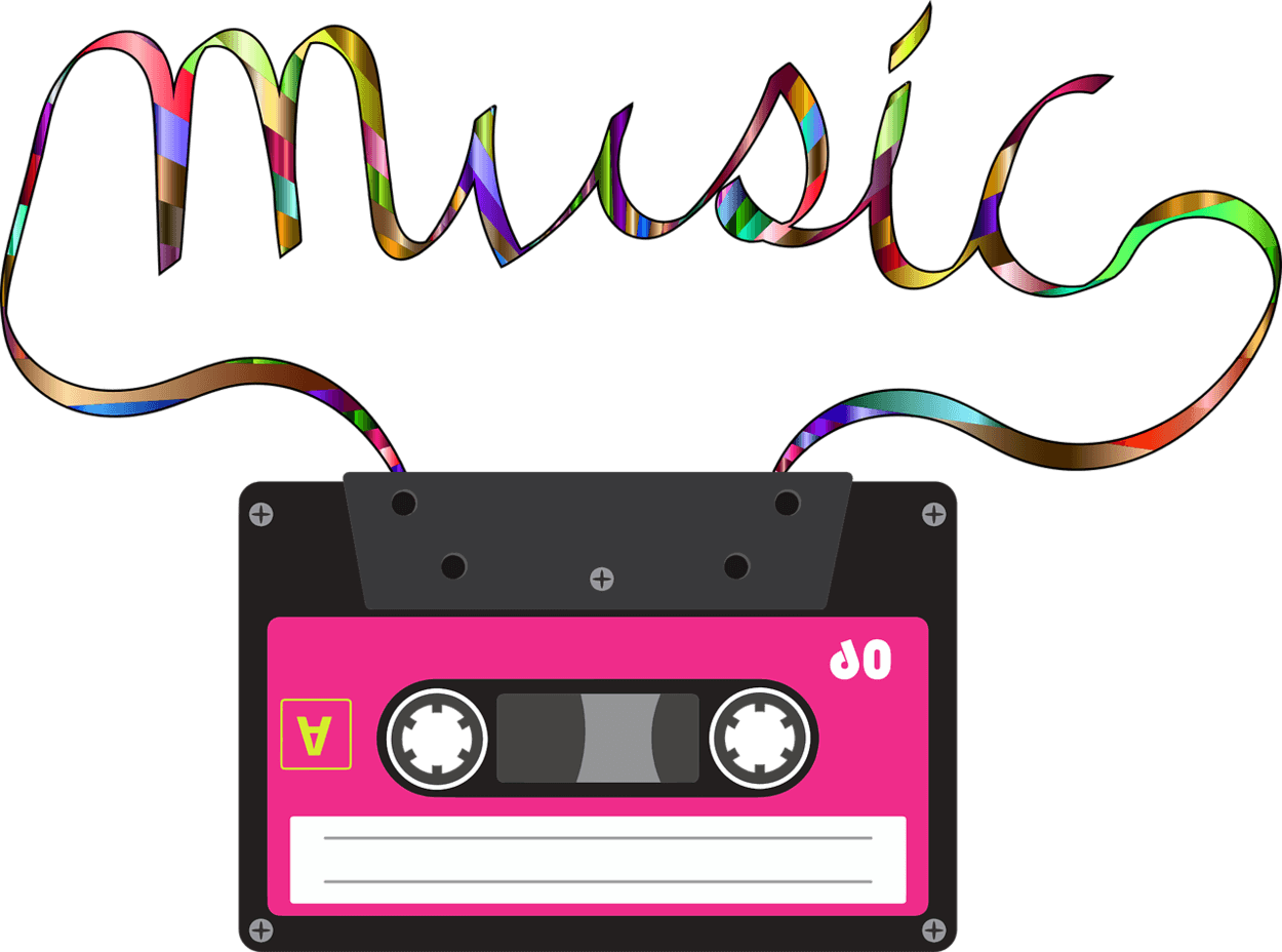 An image of a cassette with the word music wriiten above it.