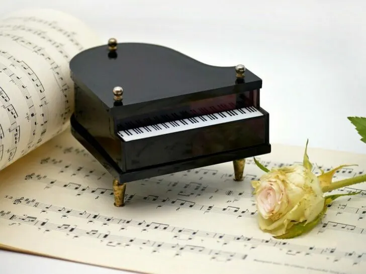 An image of musical notes with piano and a white rose.