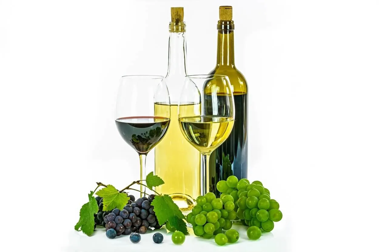 An image of wine bottles along with glasses and grapes.