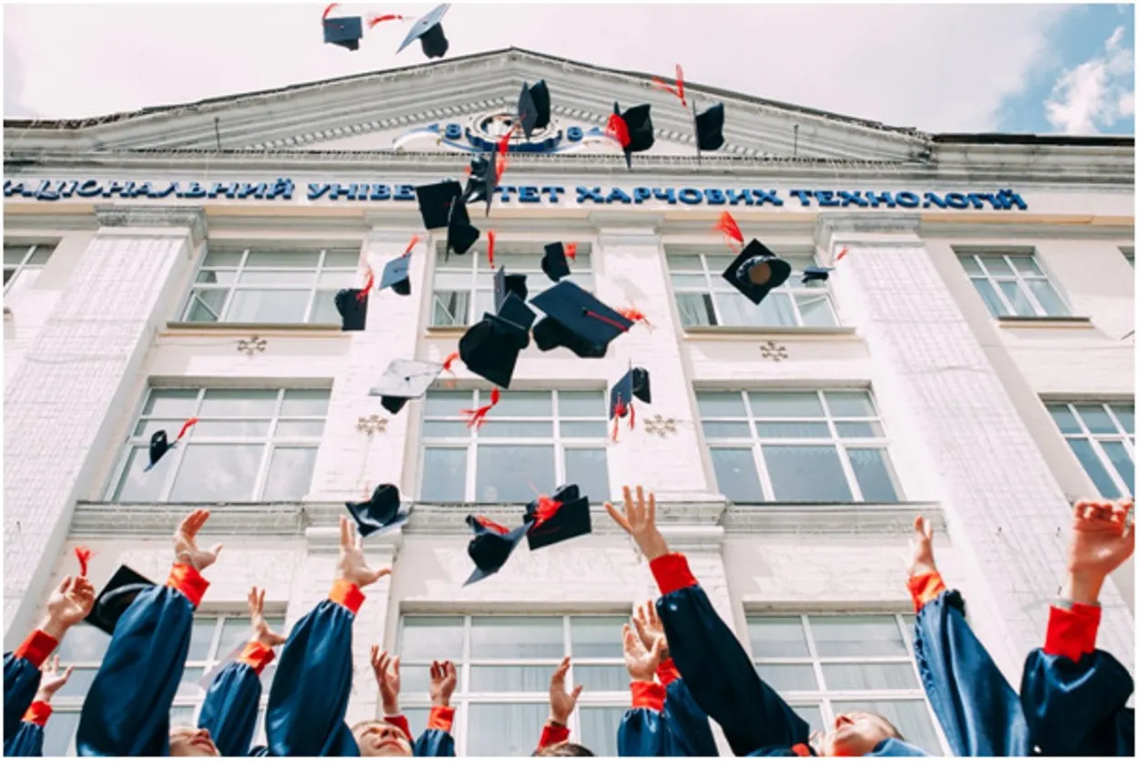 The graduation caps in air