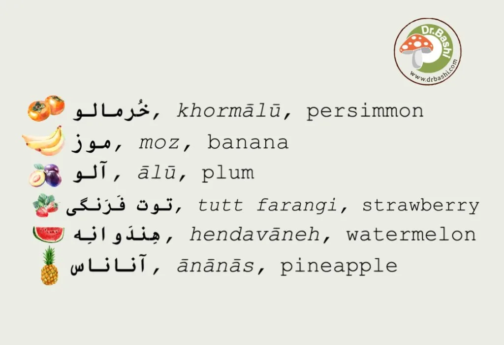 Image showing different fruit names and pronunciation in Persian.