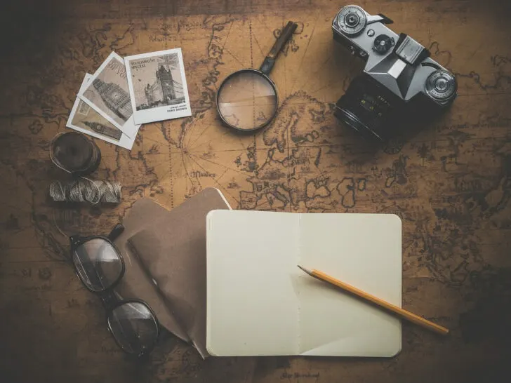 Image of a map along with a camera, journal, magnifying glass and other things.
